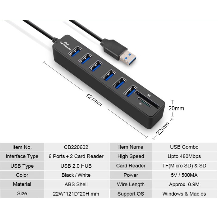 Usb 2.0 hub NB 6 port 480Mbps with card reader Sd TF micro sd combo 8in1 for cpu pc aio laptop macbook imac