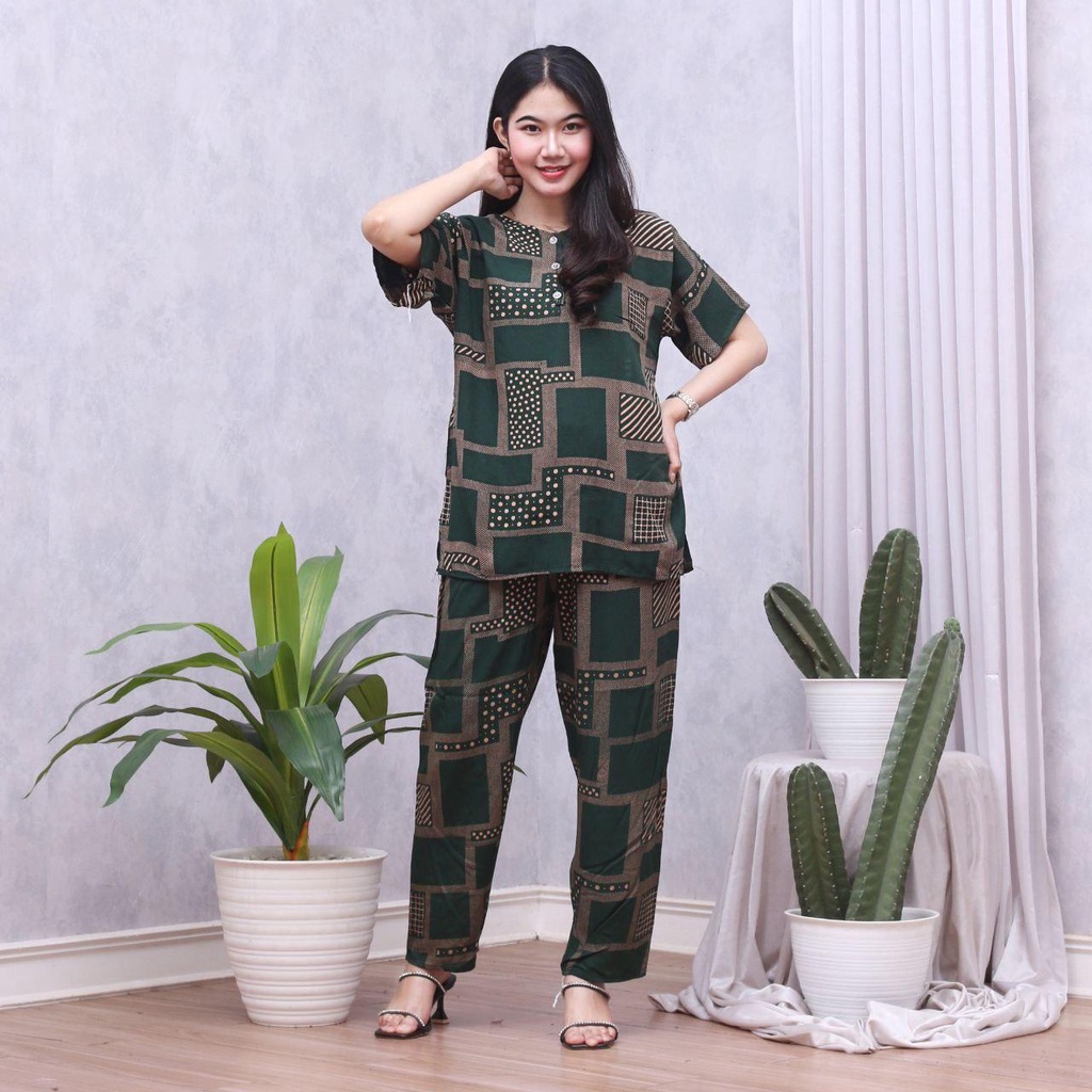 Setelan CP ANDIN Setelan Tyedye Batik Piyama Batik Baju Tidur Dater Cantik-RACHEL HIJAU