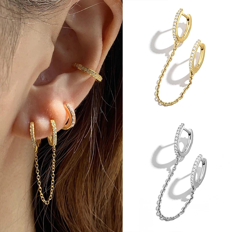 Anting Tusuk Gantung Wanita Desain Cincin Ganda Hias Berlian Imitasi Gaya Elegan / Korea / Simple / Minimalis Untuk Pesta