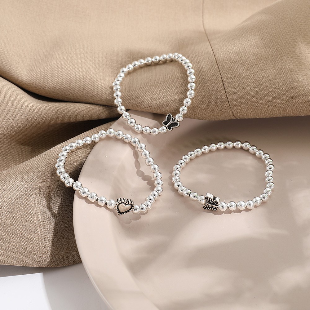 YEEZII 3pcs / Set Gelang Manik-Manik Bentuk Hati Butterfly Warna Silver Gaya Retro Untuk Wanita