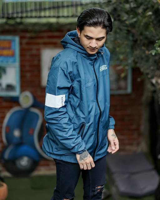 SALVIOHEXIA Jaket Waterpoof Taslan Jaket Outdoor Parasut Pria Biru