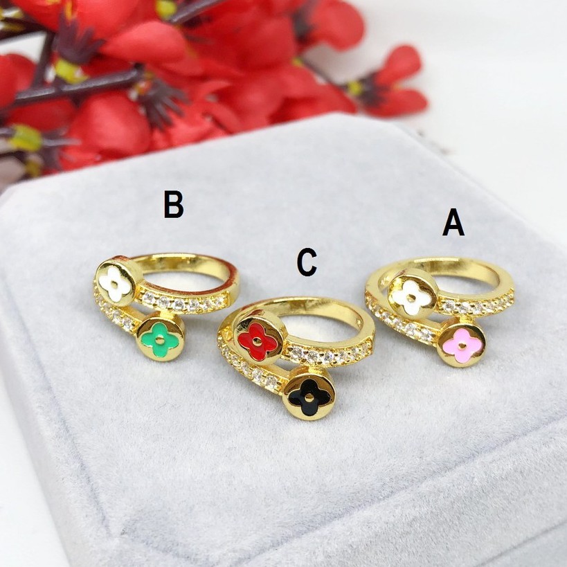 Cincin Lapis Emas Yaxiya Clover Lengkung Warna Hijau Pink Merah - BR432