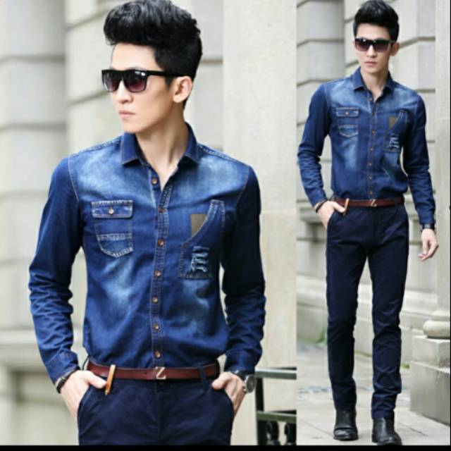 Baju Atasan/Kemeja/Hem Pria/Cowok/Laki-Laki Jeans Wash Lengan Panjang Casual/Formal