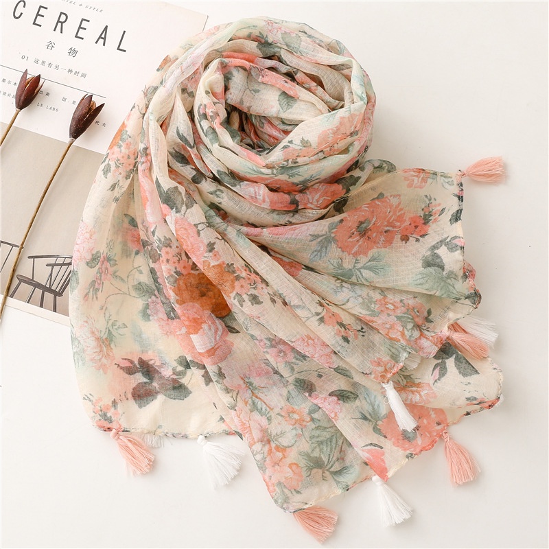 ITSFRIDAY 052214 Premium Scarf Selendang Pashmina Syal Shawl Pasmina Hijab Import Motif Flower Bougenville Pink CreamTassel-1