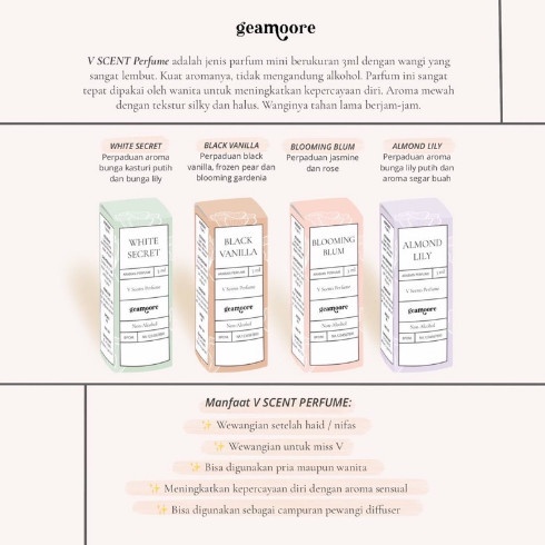 Geamoore Vscent Perfume 3ML [ White Secret | Black Vanilla | Blooming Blum | Almond Lily ]