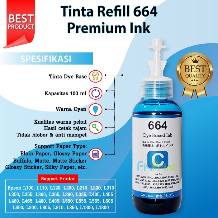 Tinta Premium Epson 664 Pengganti Original Ink T644 Refill Printer L110 L120 L130 L210 L220 L300