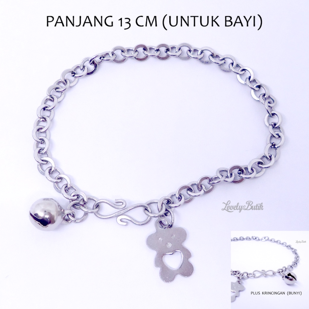 Lovelybutik Gelang Tangan Gelang Kaki Bayi Monel Kerincing Baby 0-2 Tahun Bear Kecil Krincingan Baja Putih Stainless Steel