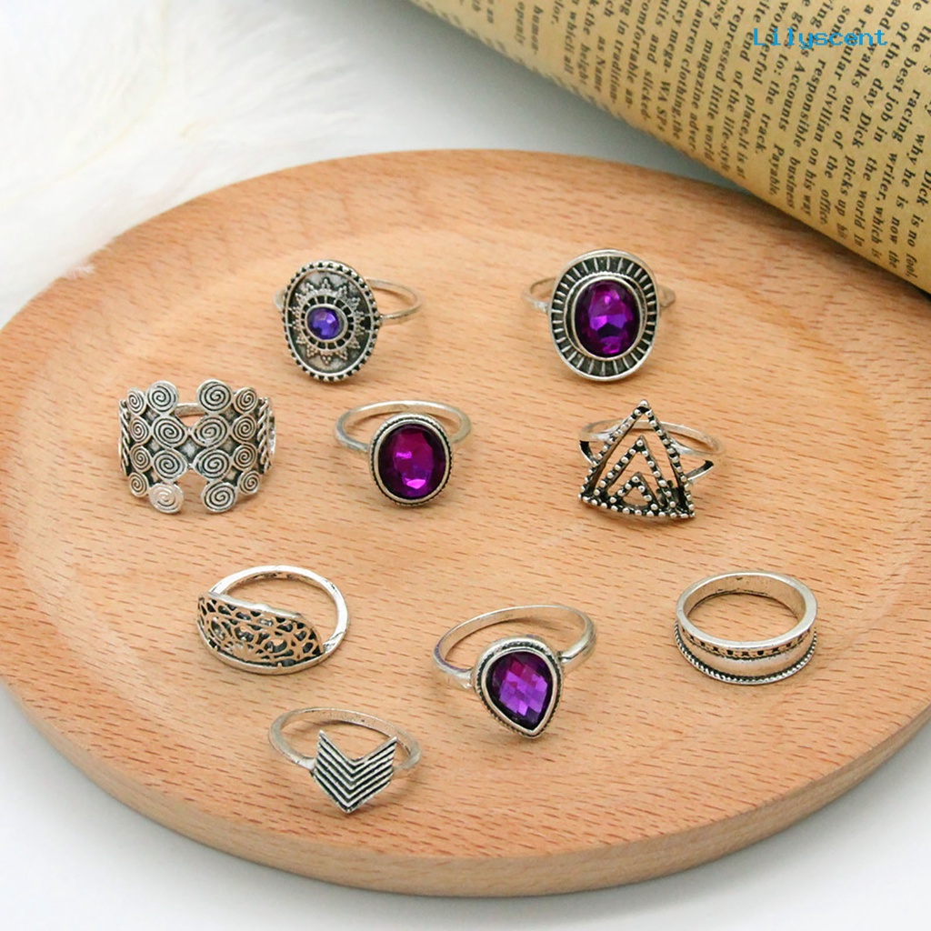 9 Pcs / set Cincin Buku Jari Aneka Bentuk Warna Ungu Bahan Alloy Gaya Bohemia