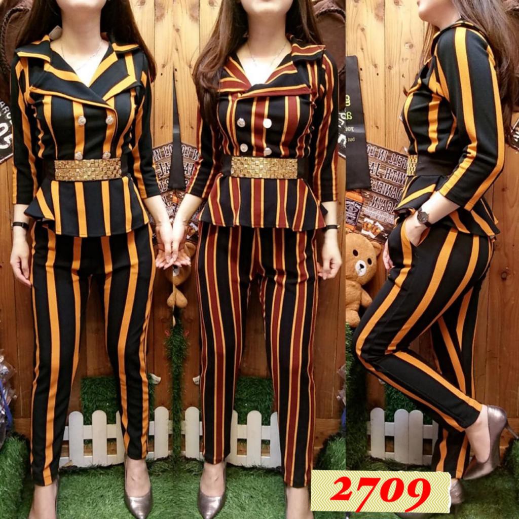 kathryn cellection #008, Stelan peplum salur crepe super premium celana panjang tangan 3/4 free belt