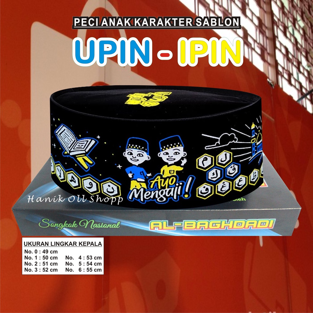Peci Anak Upin Ipin/Peci Anak Karakter/Kopiah Anak/Peci Hitam Anak/Peci Anak