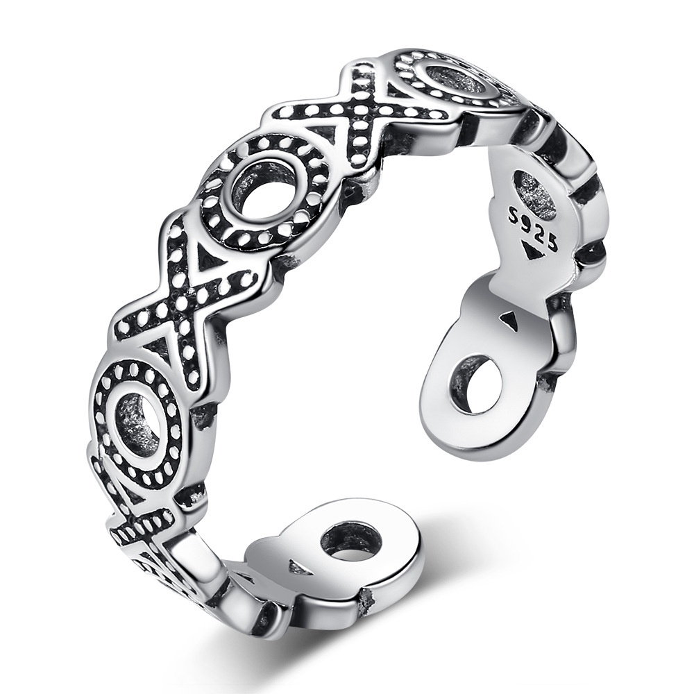 cincin perak 925 asli untuk wanita/Cincin yang Dapat Disesuaikan, Perhiasan Retro XO Lucu