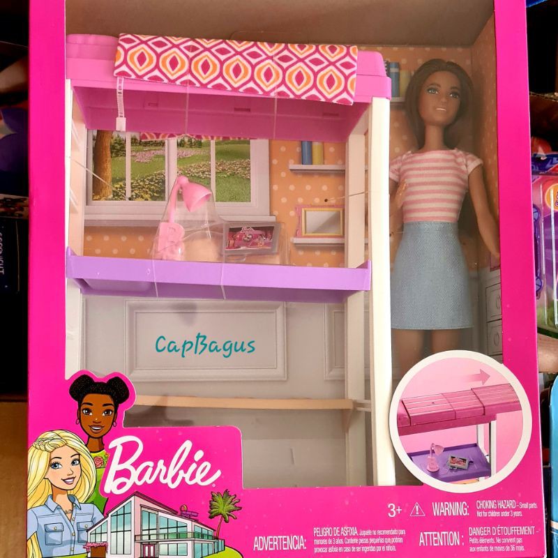 Barbie Bedroom Bunk Bed Study Chair Table Furniture Playset doll Mattel boneka kasur meja kursi asli