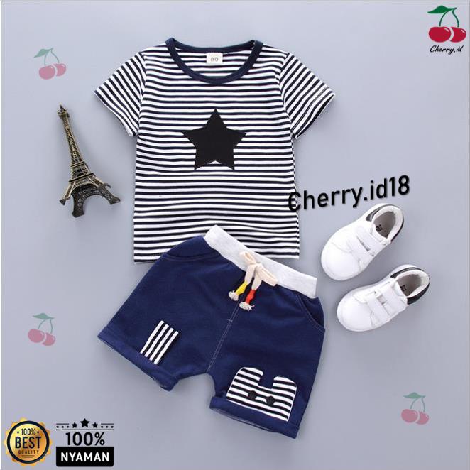 (6Bln-3thn) COD Set Pakaian Anak Cowok Import / Setelan Import Anak Laki-Laki - Motif Bintang Garis SB29