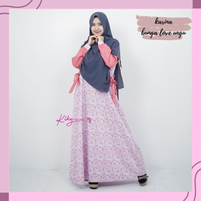 Gamis Katun Jepang Premium Ori Cantik Murah Model Karina Kombinasi Polos dan Motif Bunga Love