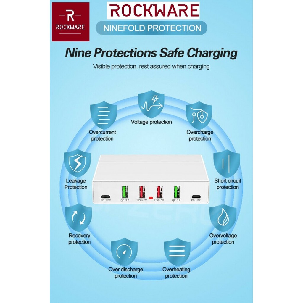 ROCKWARE X5 - 4 USB Port and 2 PD 18W Port Charging Station - 72W