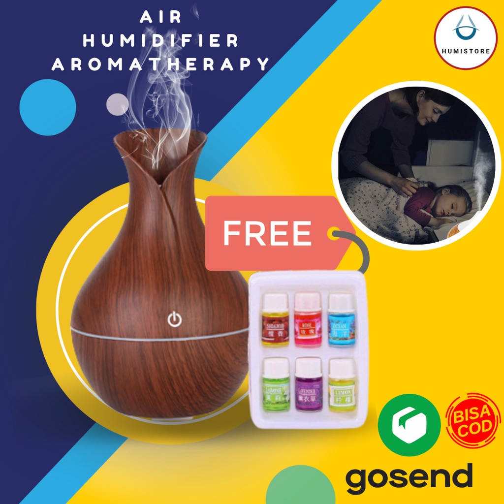 Air Humidifier Aromatherapy Desain Kayu 130ml-Vas Brown + Oil