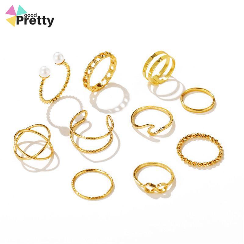 10 Buah Set Wanita Kreatif Sederhana Manik-manik Ganda Cincin Gabungan Geometri Gelombang Mutiara - PD