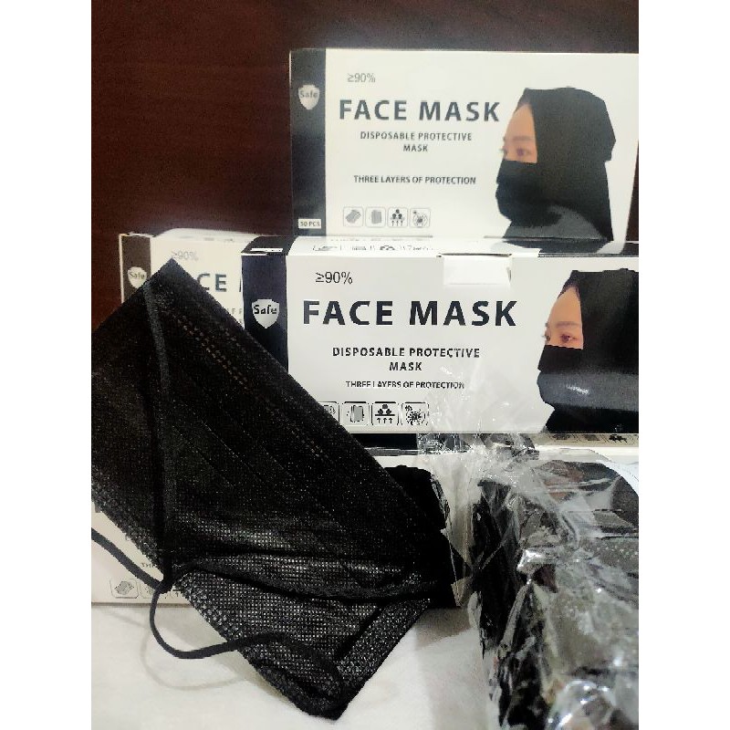 MASKER HITAM 3PLY HEADLOOP / MASKER HITAM 3PLY HIJAB isi 50pcs