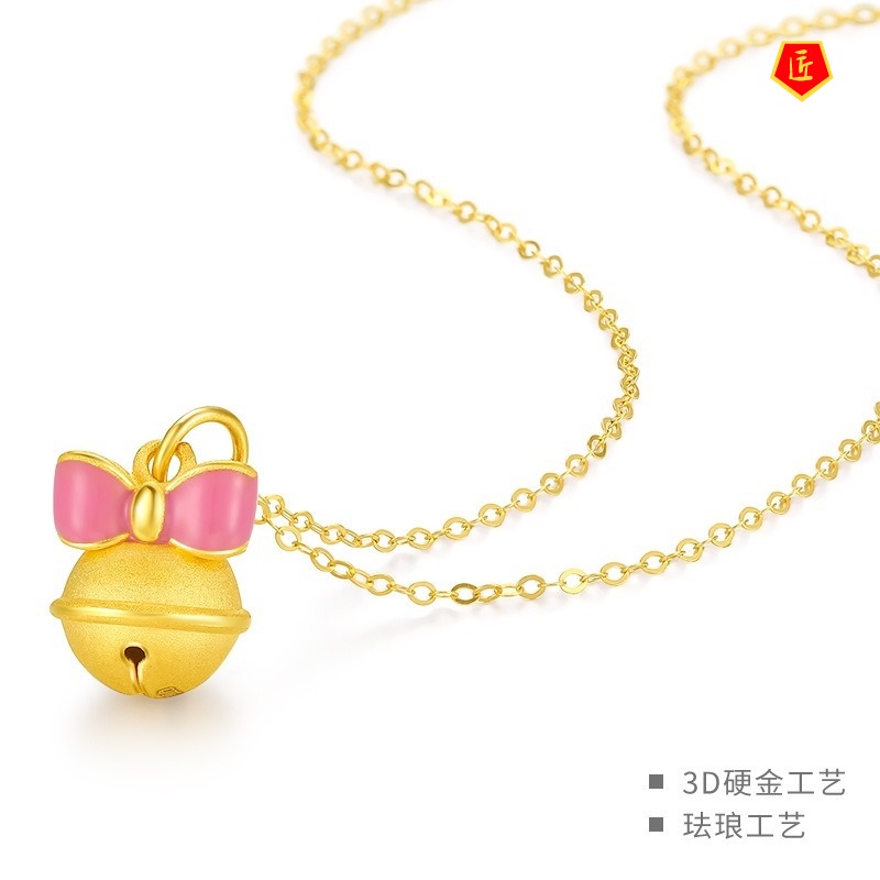 [Ready Stock]3D Golden Bell Pendant Female Lucky Beads Bow Necklace Cute Sweet