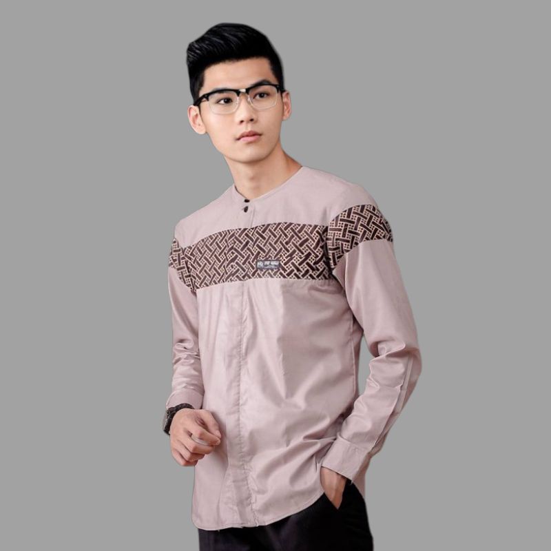 Jual Baju Koko Muslim Elrumi Motif Kobata Warna Cokelat Kombinasi Batik