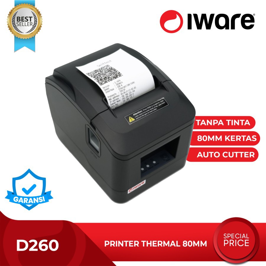 Printer Thermal 80mm IWARE D260 USB dan Bluetooth RJ11 Auto Cutting