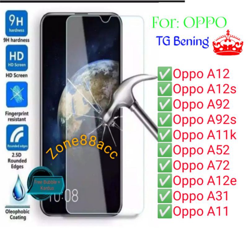 Oppo A12 A12s A92 A92s A11k A52 A72 A12e A31 A11 Antigores Bening Tempered Glass Screen protector TG