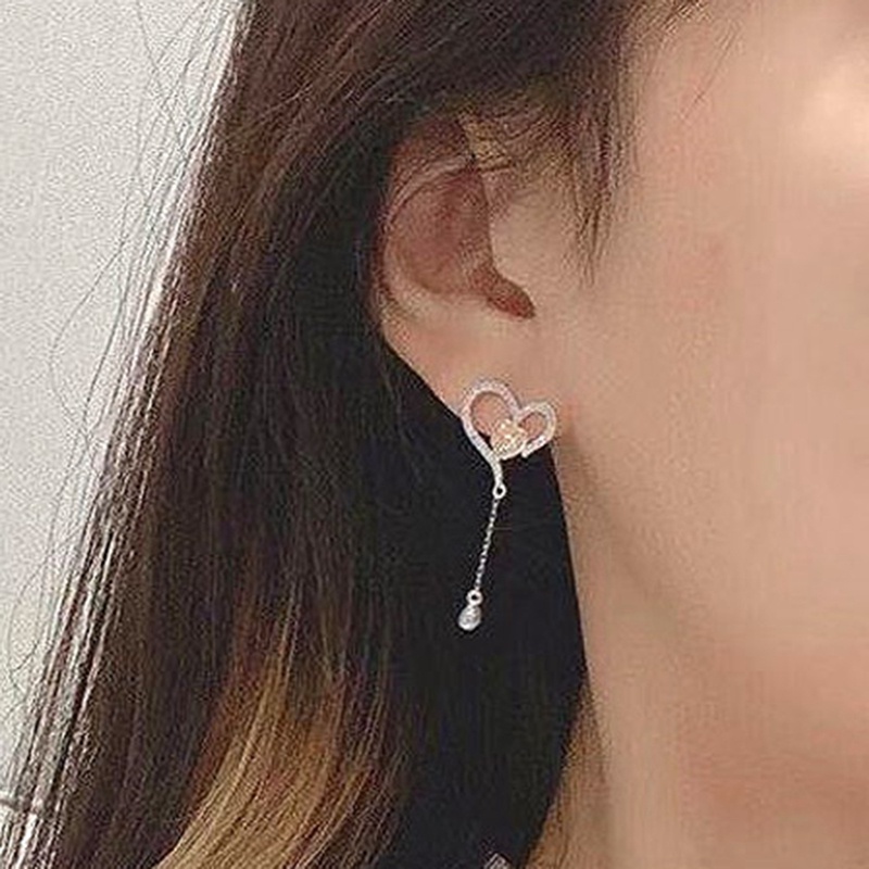 Anting Juntai Bentuk Hati Bahan Cubic Zircon Aksen Rumbai Untuk Wanita