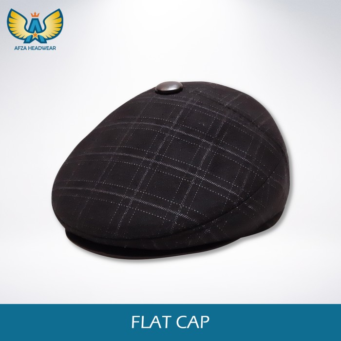 Flat Cap Newsboy Hat Topi patino motif flannel - Black