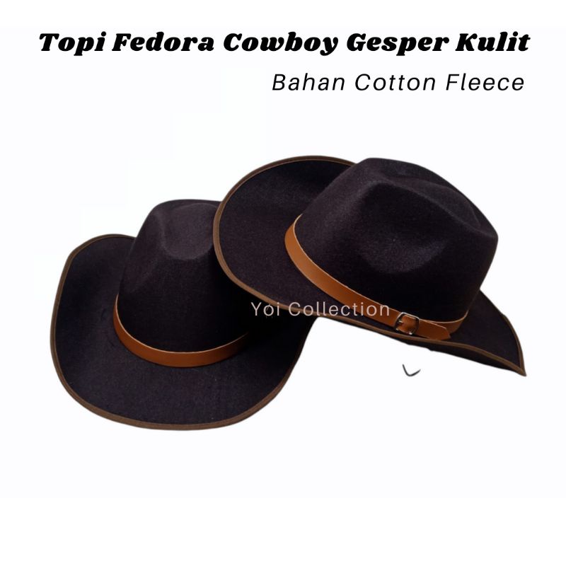 Topi Pria Fedora Cowboy Gesper Kulit