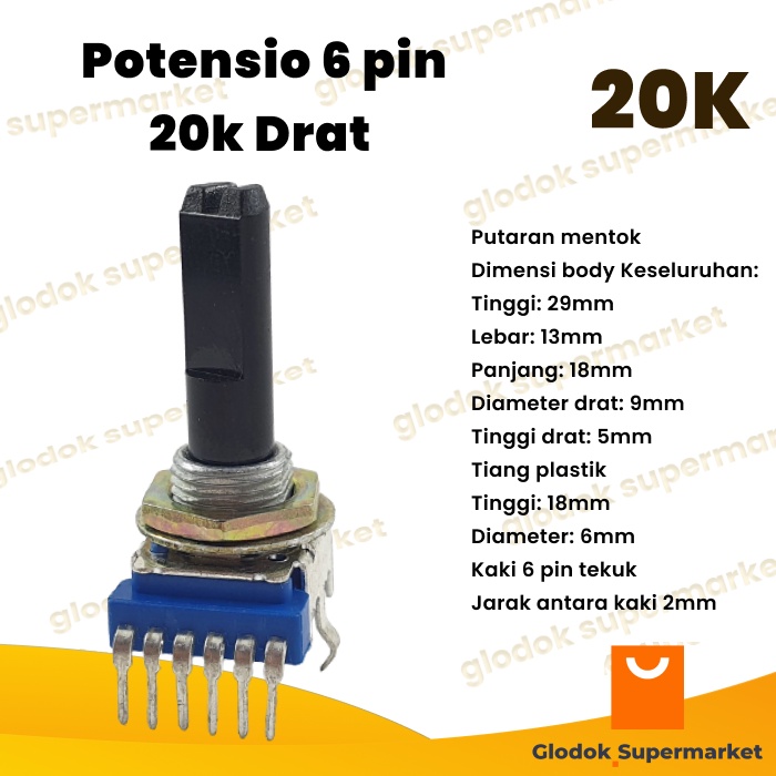 Potensio 6 pin 20k Drat Stereo Kaki 6 Tekuk Volume Mixer 203