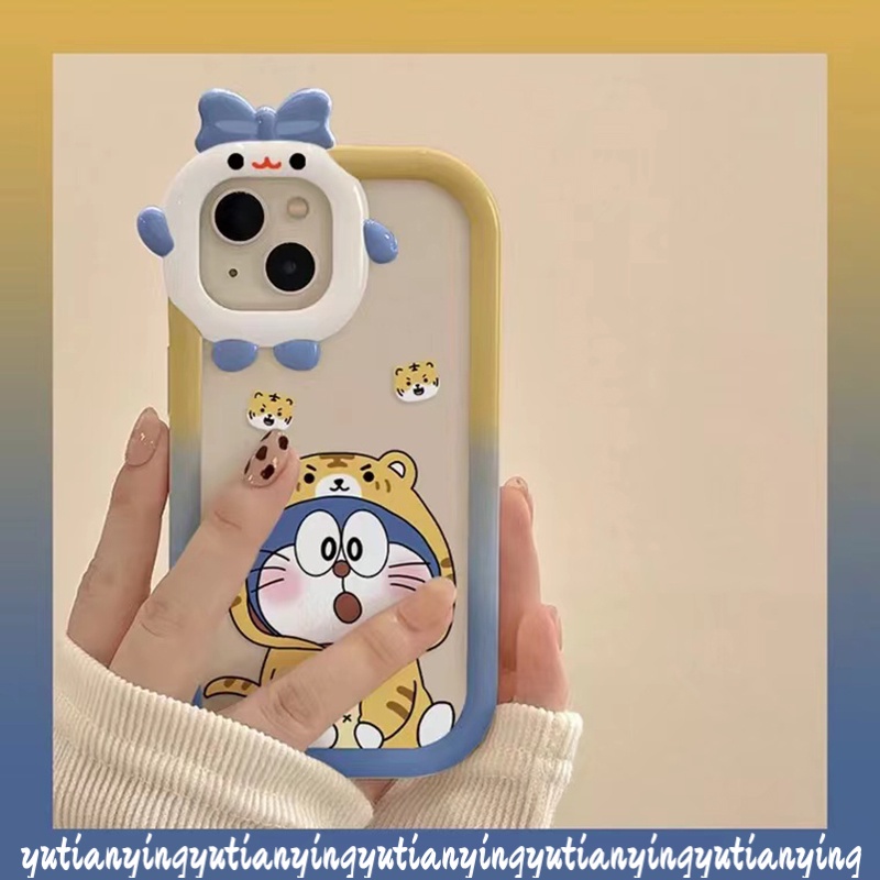 Kartun Doraemon Couple Case Oppo A17 A15 A54 A57 2022 A55 A3s A7 A5s A12 A53 A33 A76 A96 A17K Reno 4F 5F 5 7 A74 A95 A16K A52 A16 A5 A9 A31 A16s 3D Bow-knot Little Monster Cover