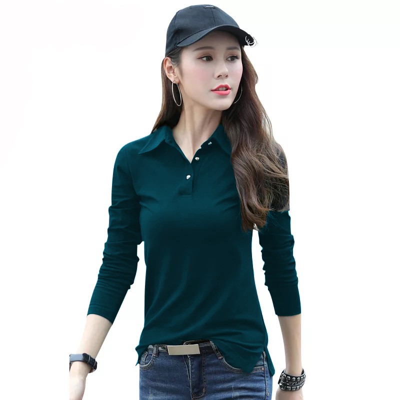  Kaos  Lengan  Panjang  Gaya Korea Wanita  Kerah Polo  XSHOP 