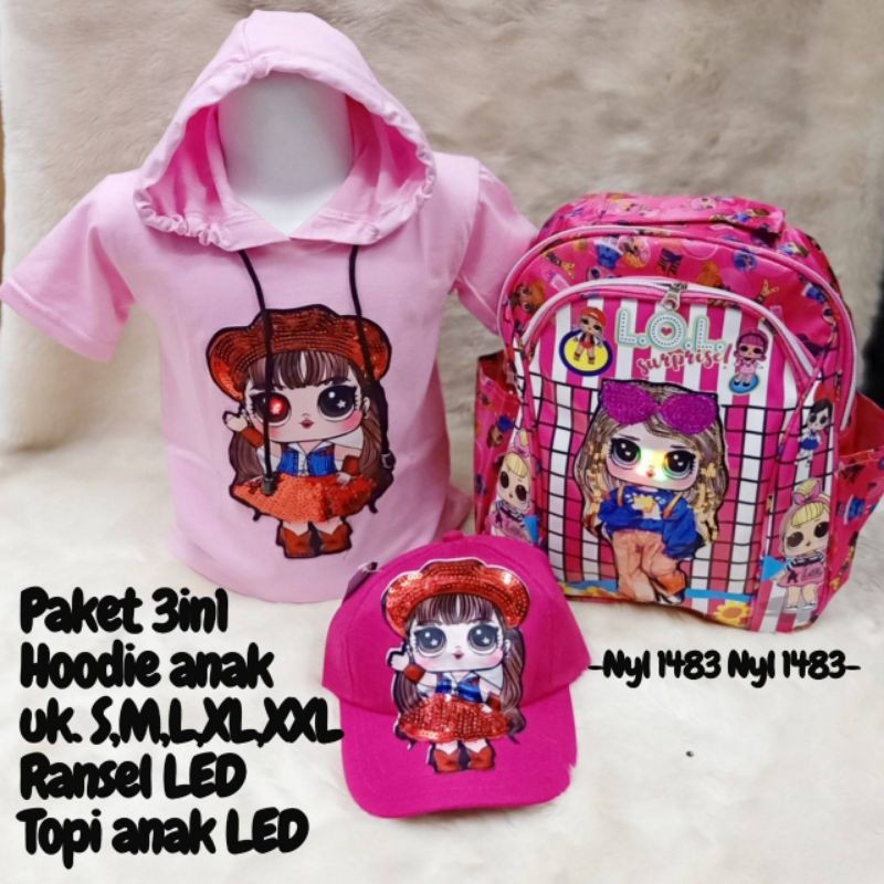 PAKET MURAH 3IN1 KAOS HOODIE ANAK LED LOL + TAS RANSEL LED + TOPI LED LOL SIZE 2-10TAHUN