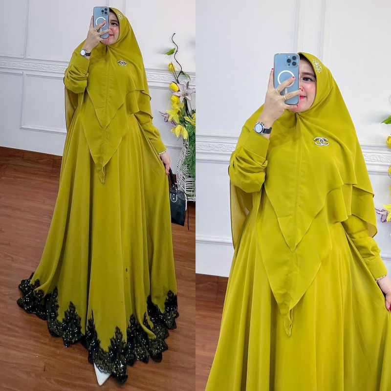 GAMIS AISYAH SET KHIMAR SYARI // BAHAN CERUTY APLIKASI RENDA BRUKAT SWAROSKI // POLA PAYUNG HARGA GR