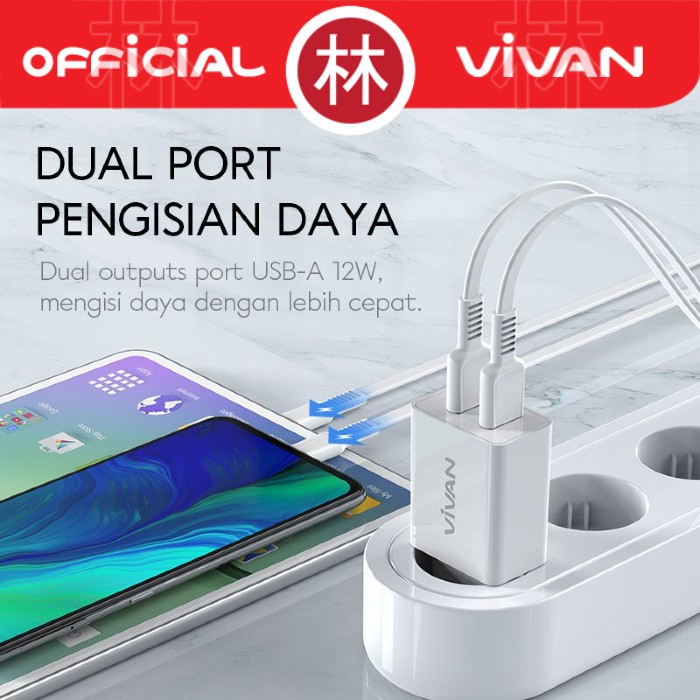 Vivan DD02 12W Dual Port USB Charger 2.4A With Data Cable Micro USB