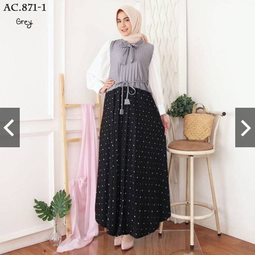 GTS BD 871.1 (KUNTUNG TANPA LENGAN) GAMIS PLISKET POLKADOT LEHER PITA POLOS PANJANG MAXI MURAH