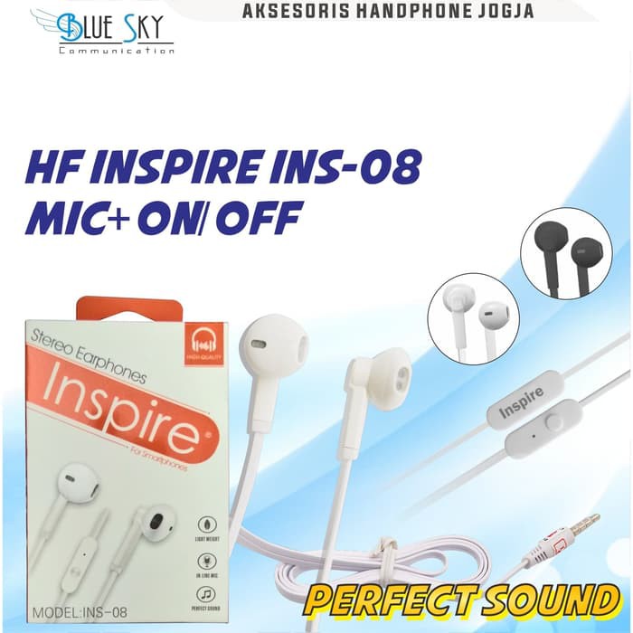 HANDSFREE HEADSET EARPHONE INSPIRE INS-08 MIC ON OFF PERFECT SOUND