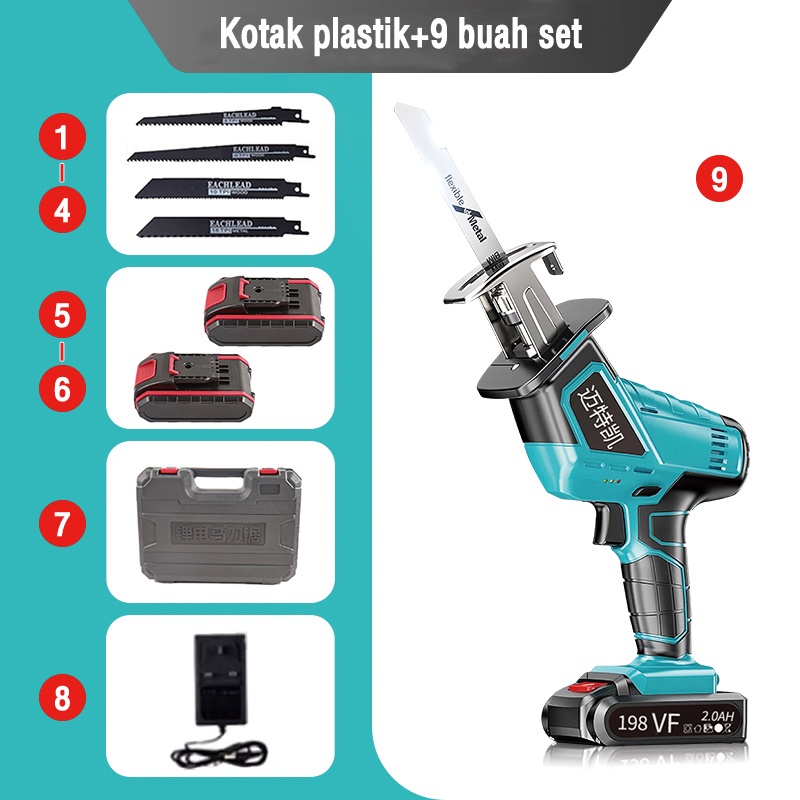 Reaim Cordless Reciprocating Saw 198V Mini Chainsaw Cordless Chainsaw/ mesin gergaji kayu/ gergaji listrik/ gergaji mesin gergaji mesin mini pemotong kayu Termasuk dua baterai