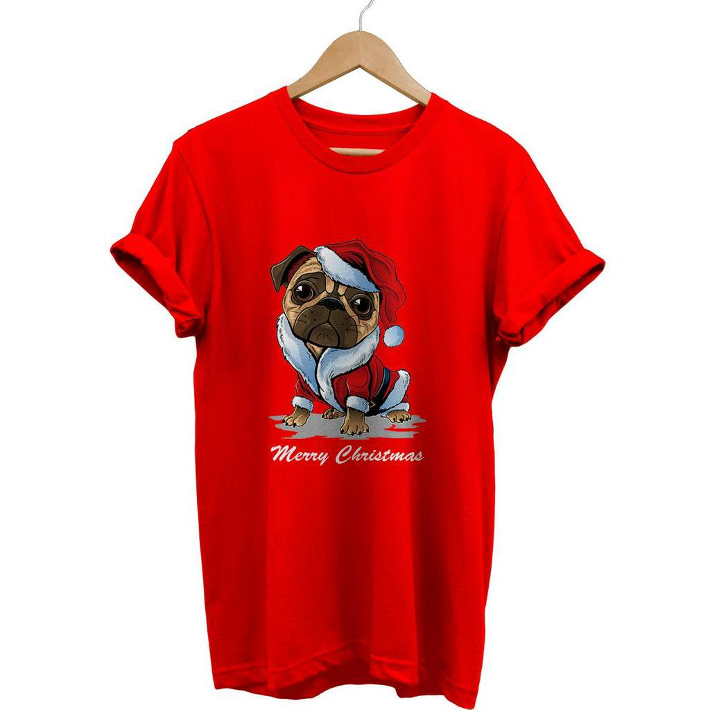 KAOS NATAL MERRY CHRISTMAS PUG DOG SANTA KATUN COMBED 30S