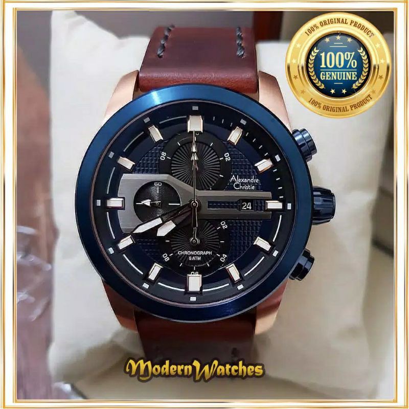 Alexandre Christie AC 6270 MC Blue Rosegold Brown Leather Strap