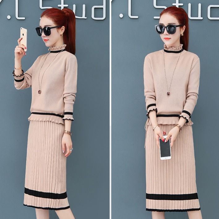 Zona cantikku - Setelan Wanita Sweater Lengan Panjang+Rok Setengah Badan