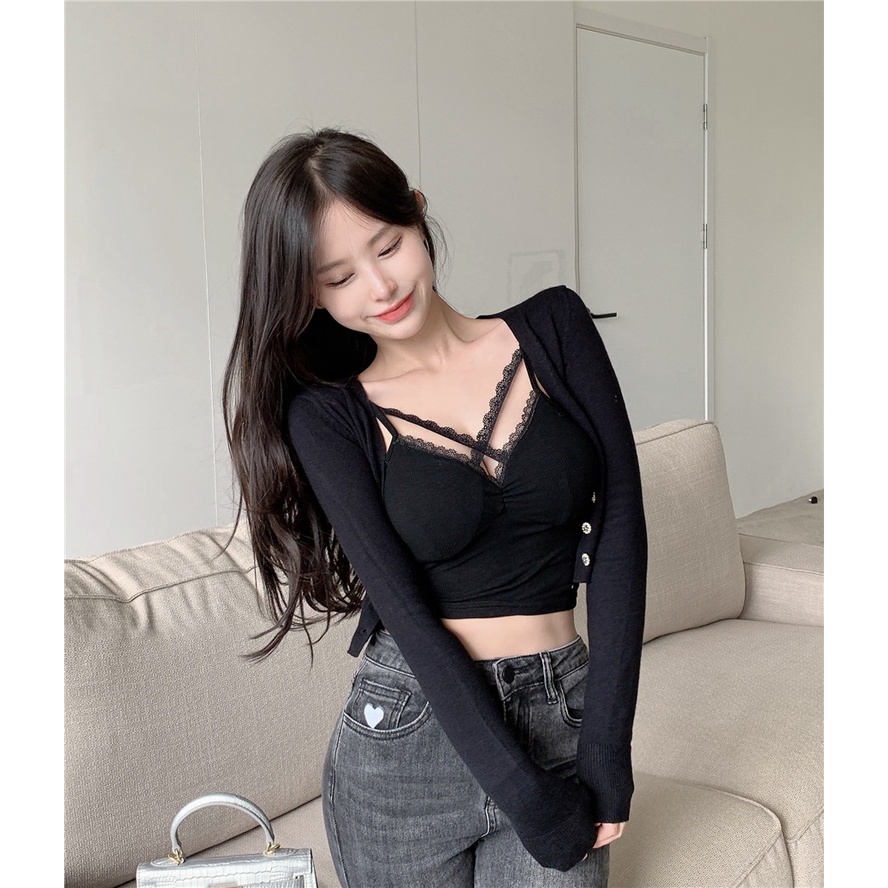 Suhao Lace Kamisol Black Bottoming Shirt Cropped Top