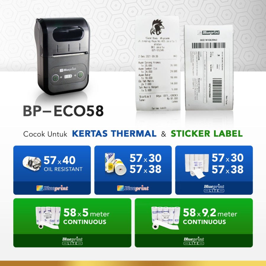 Portable Printer Thermal Mini Bluetooth BLUEPRINT ECO58 Baterai 18650 / BP ECO 58