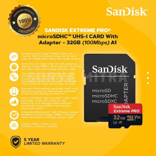 Micro SDHC Sandisk 32Gb U3 V30 EXTREME PRO 100MB/S