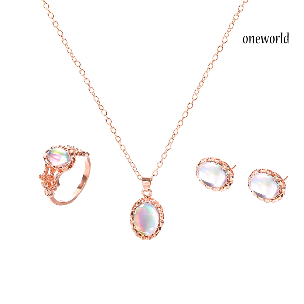 OW@ 3Pcs/Set Shiny Oval Faux Gemstone Charm Necklace Earrings Ring Women Jewelry