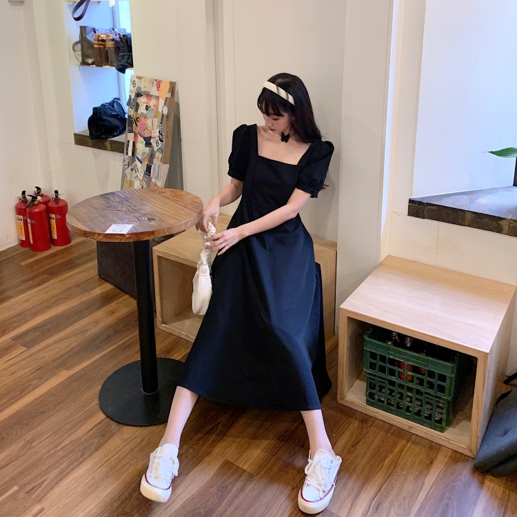 Versi korea fashion temperamen gaun lengan pendek maxi hitam minimalis untuk wanita