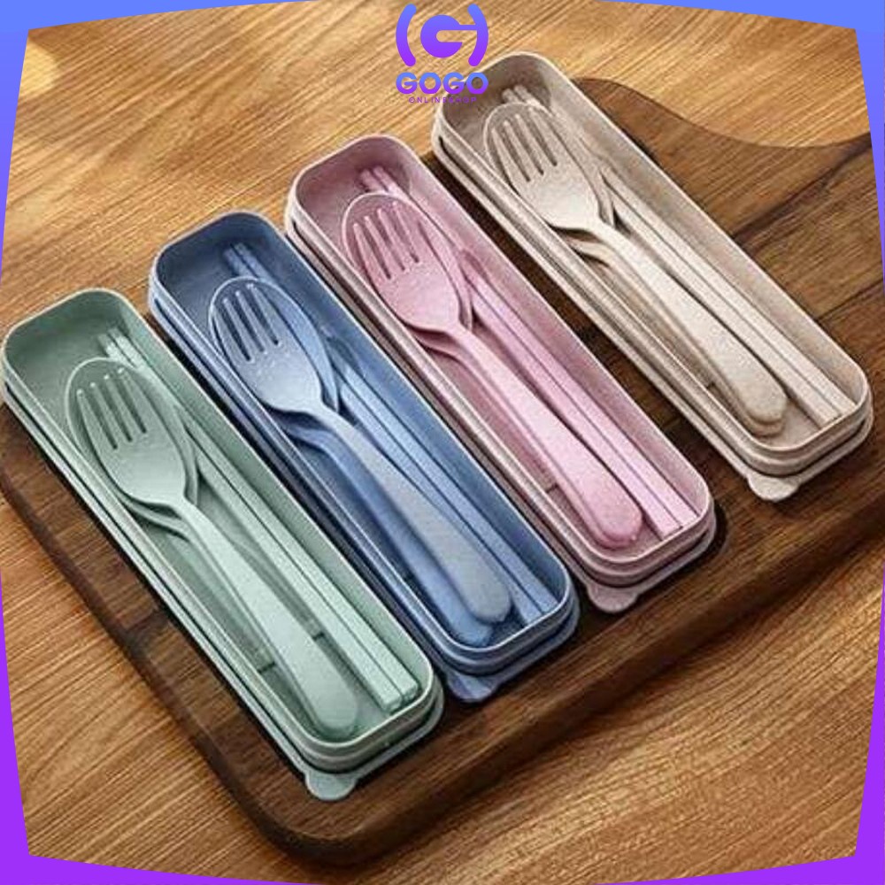 GOGO-C176 Sendok Garpu Sumpit 3in1 Travel Cutlery Set Alat Makan Set Korea Bahan Jerami Gandum Impor