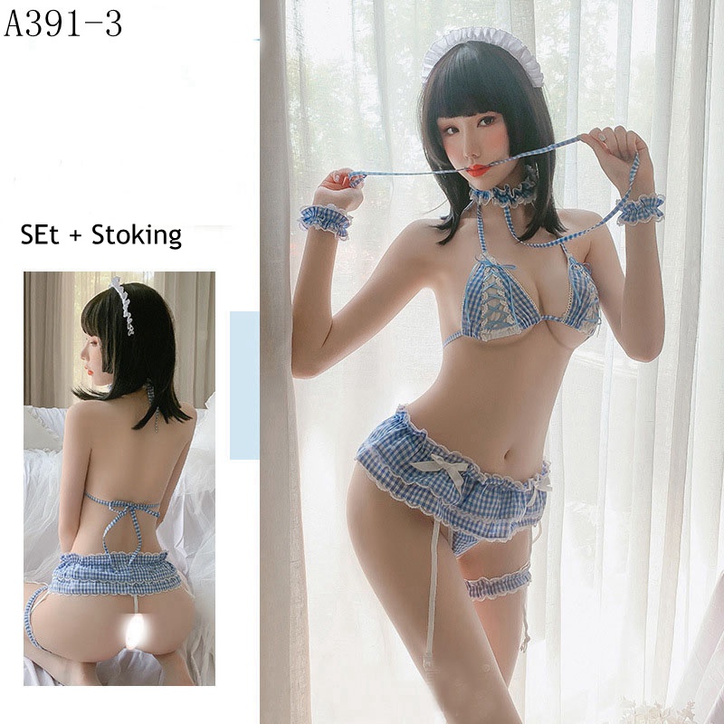 Lingerie Wanita Lucu Sexy Cosplay Maid Lingerie kotak-kotak Set dan Stoking A391-1