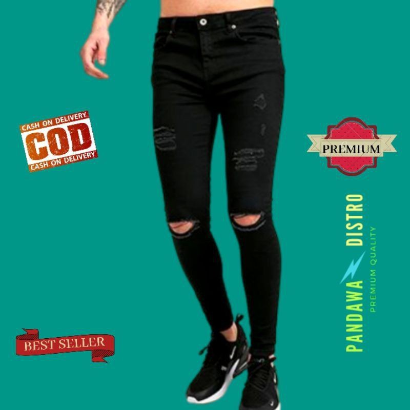 CELANA SOBEK PRIA RIPPED JEANS ROBEK SLIMFIT PENSIL SKINNY STRETCH DENIM HITAM PREMIUM 27-38