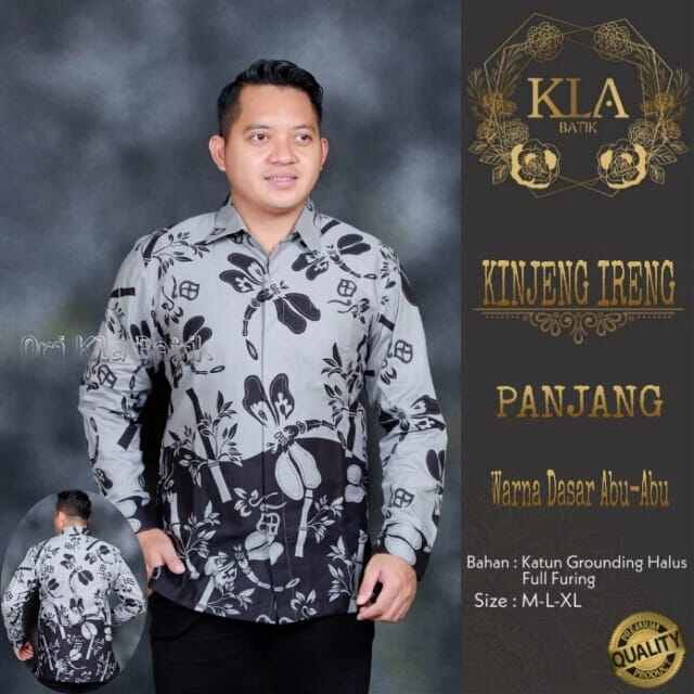 Batik pria terbaru warna abu-abu / kemeja batik pria lengan panjang warna grey KINJENG NJENGKING / baju batik pria warna abu terbaru / kemeja batik kerja warna grey hitam / batik pria premium lengan panjang grey silver